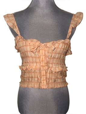 American Eagle Peach Plaid Smocked Ruffle Tie Front Crop Top Small
